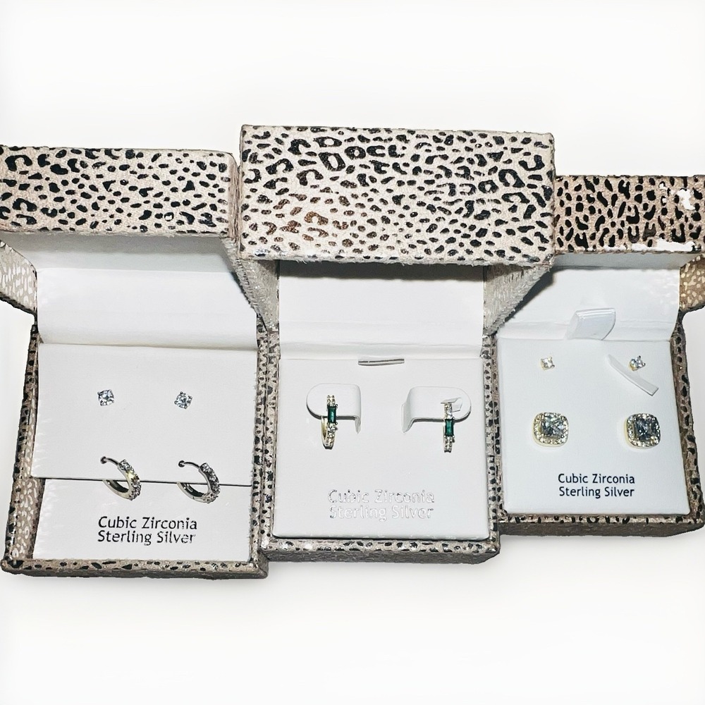 Rachel Ashwell 925 Silver Cubic Zirconia Emerald Hoop, Stud, 5 Sets, NIB